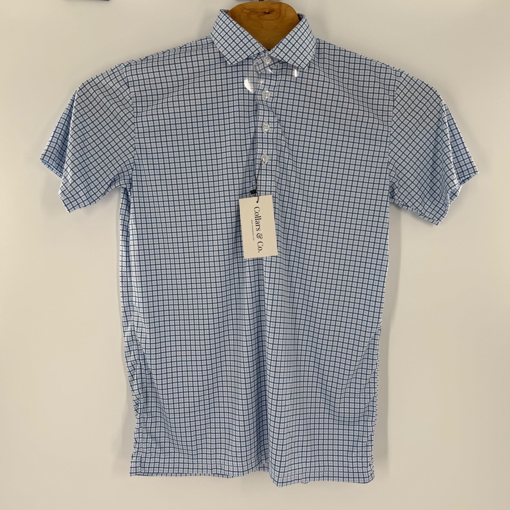 Collars & Co Mens Dress Collar Polo Shirt Blue White Windowpane Check Medium NWT
